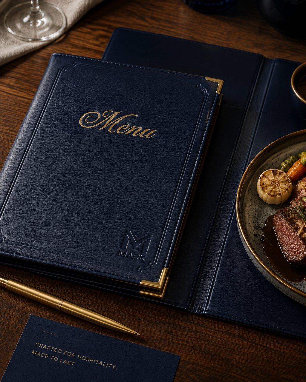 MARK-embossed navy leather menu folder with gold corners, set for service — Ajman, UAE