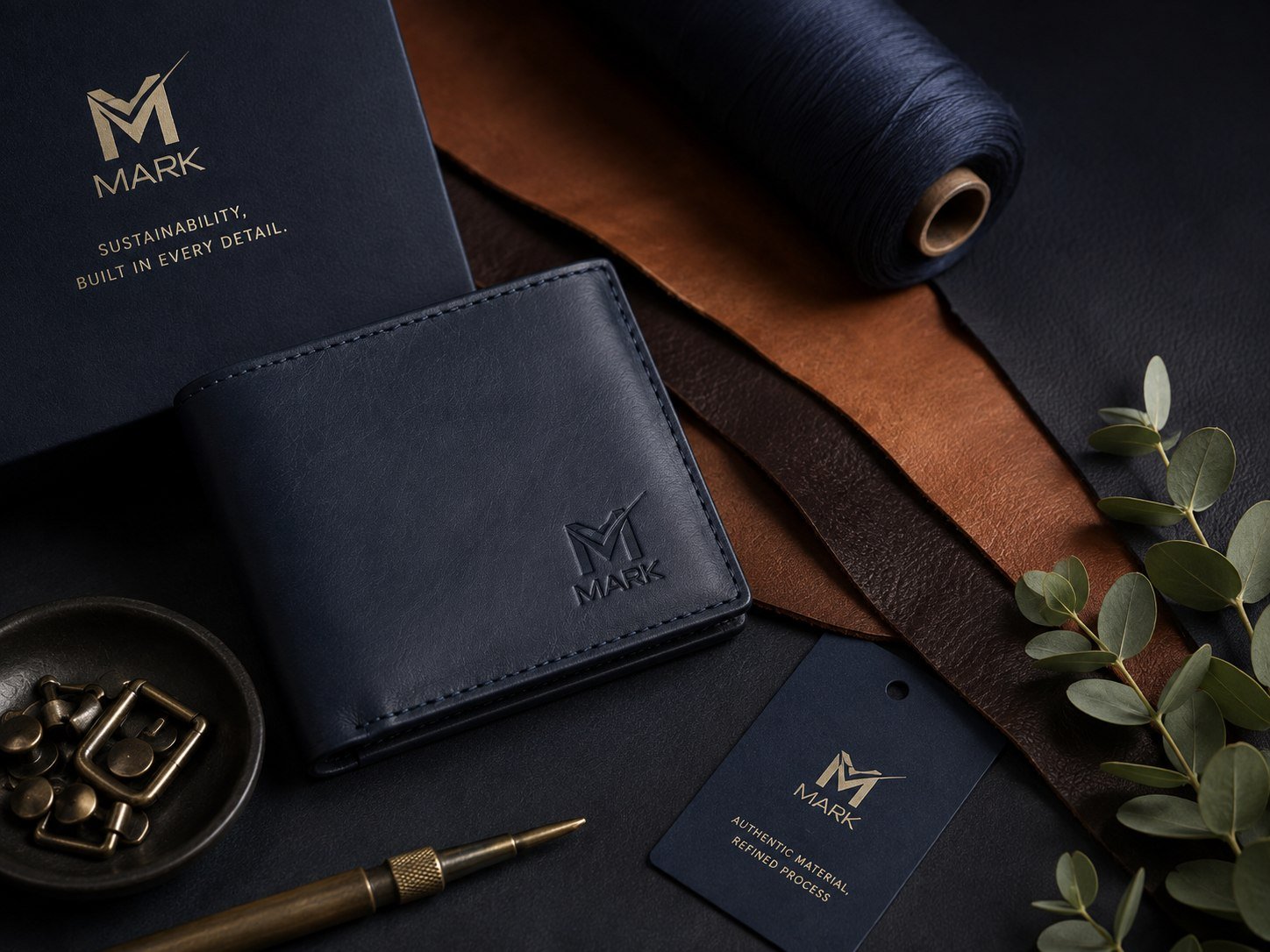 Navy MARK bifold wallet with leather swatches, thread, brass hardware and an Authentic Material, Refined Process tag — Ajman, UAE