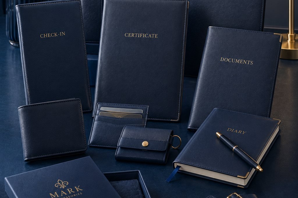Hand-finished leather folders, wallets and document holders — MARK classic leather range, Ajman UAE