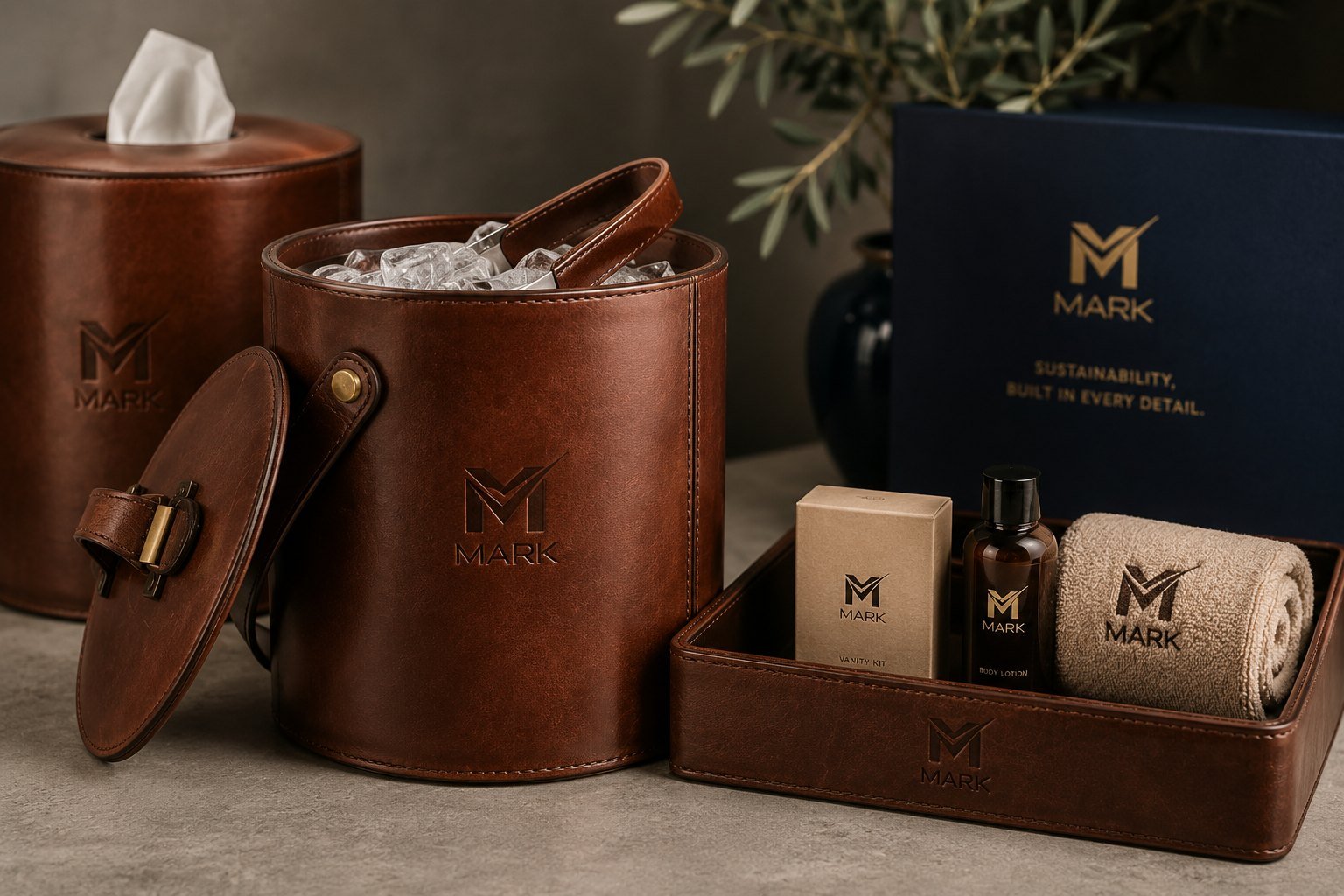 MARK-embossed leather ice bucket, tissue box and amenity tray with guest supplies — made in Ajman, UAE