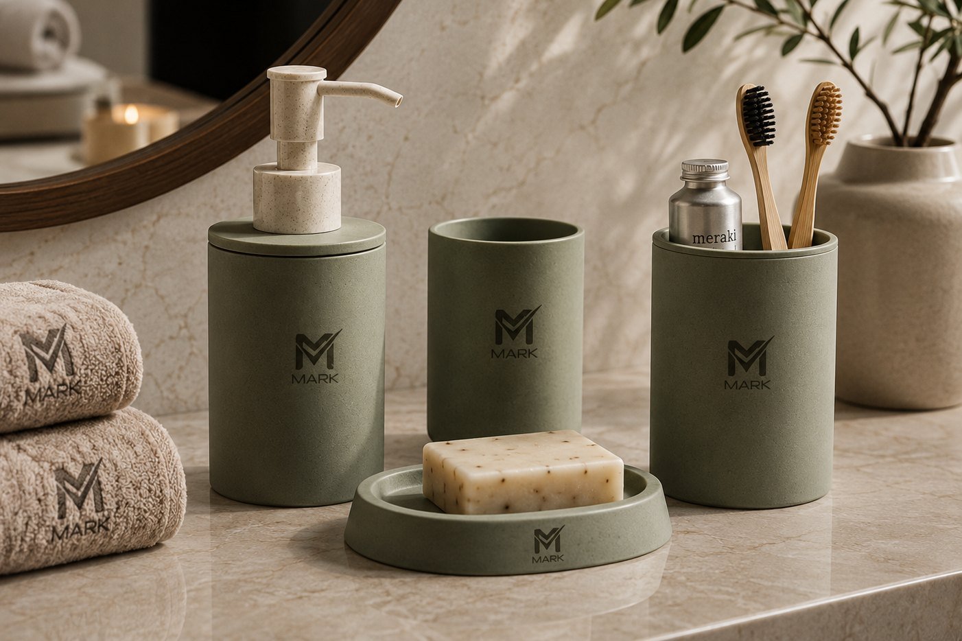 MARK-embossed sage bathroom set and towels on a hotel vanity — Ajman, UAE