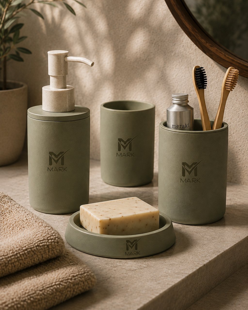 Sage bathroom set in recycled material with bamboo toothbrushes and natural soap — MARK eco-friendly range, Ajman UAE